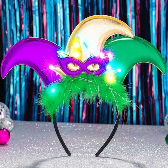 Light Up Mardi Gras Jester Hat Headband Purple Green Gold Costume Accessories - Picture 2 of 7